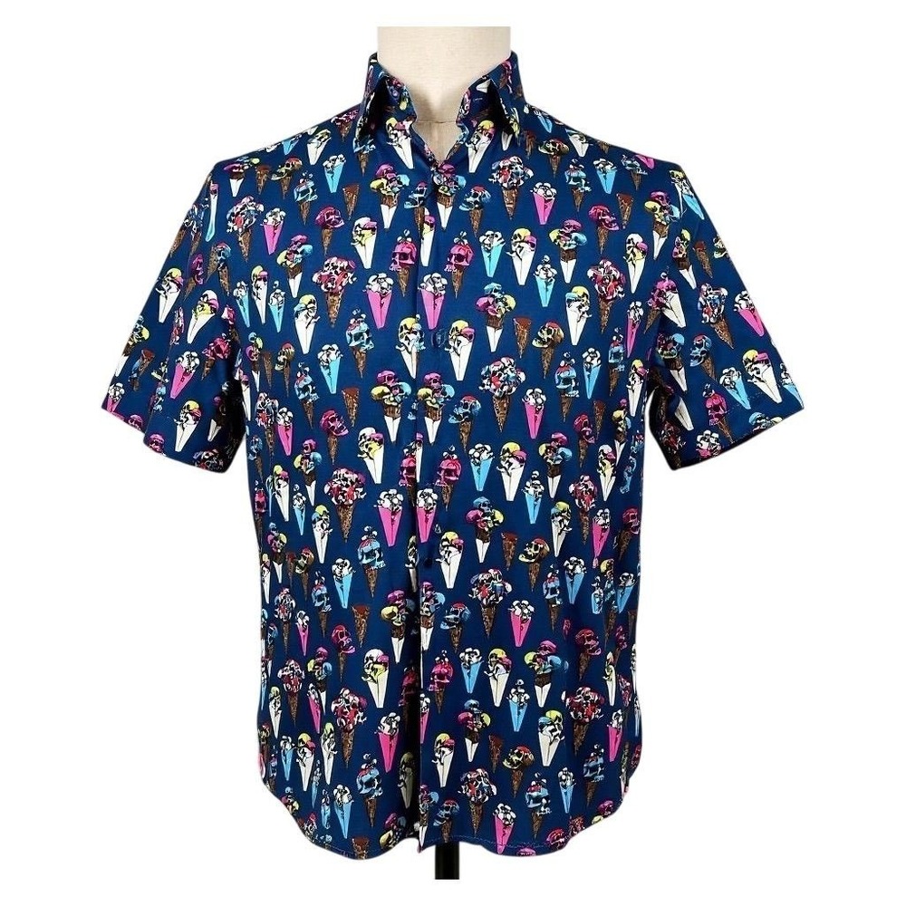 NEW Luchiano Visconti Men's SMALL Multicolor Skull Ice Cream‎ Print Shirt